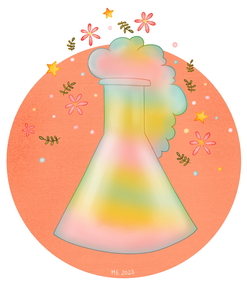 An illustration of a lab beaker with something colourful (teal, pink and yellow) inside and bubbling out of it, plus pink flowers, green leaves, yellow stars and pastel coloured bubbles around it on a soft textured round orange background by Mervi Emilia Eskelinen