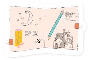 A sticker like, white bordered illustration of an open journal with a teal pencil on it and drawing of a moon man and stars, a bee, a fancy brick house and a drawing of a little green vine on a yellow background taped on the journal with red and white striped masking tape and handwritten MAKE ART NOT WAR and some text that is illegible by Mervi Emilia Eskelinen