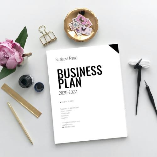 Minimalistic Business Plan, an inspiration mockup of the plan printed surrounded by various pretty items
