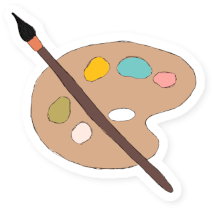 A sticker like, white bordered illustration of a beige paint palette with a brown paint brush and blobs of yellow, teal, pink, muted green and off white paint on it by Mervi Emilia Eskelinen