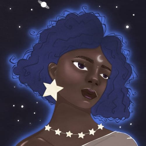 Sister Moon artwork, a beautiful Black woman with blue hair and a crescent moon on her forehead