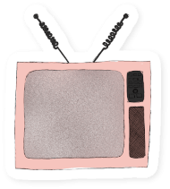 A sticker like, white bordered illustration of a pink retro television with two antenna and static on the screen by Mervi Emilia Eskelinen