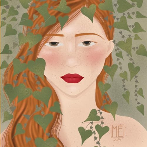 Vine artwork, a beautiful, pale redhead with freckles and flaming hair with vines growing out of their hair
